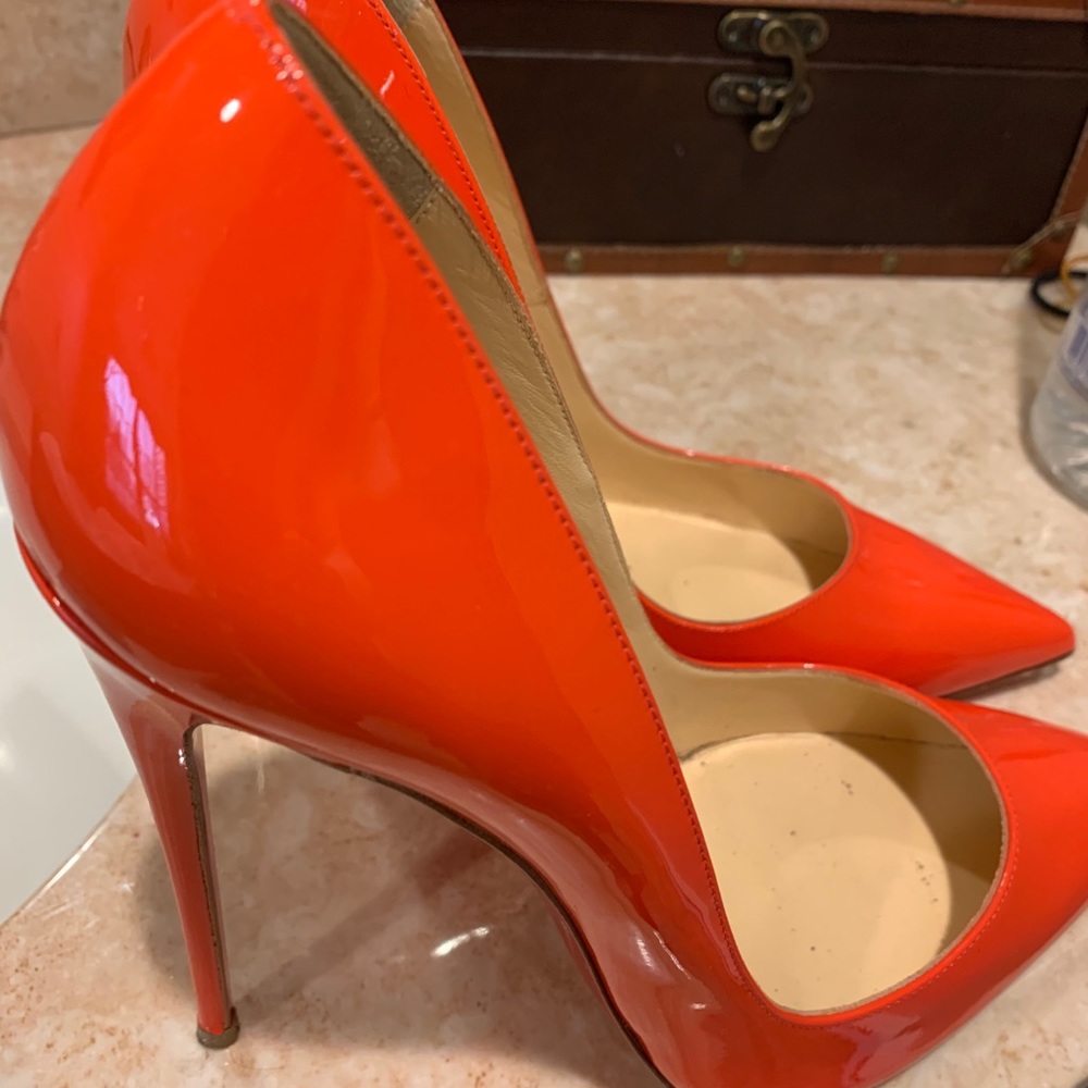 Christian Louboutin Glossy Papaya Patent Pointed-Toe Stilettos - Picture 5 of 9
